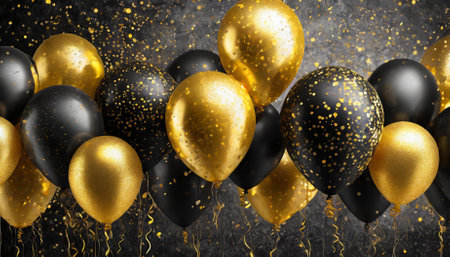High-resolution image featuring luxurious black and golden balloons adorned with glittering sparkles against an intricately detailed dark gray background, ideal for opulent party themes orの素材