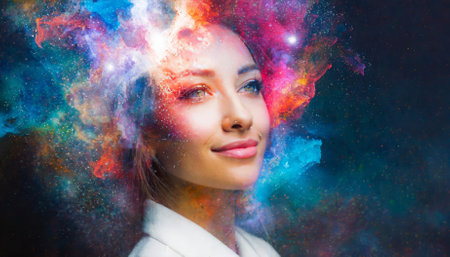 An enchanting fantasy abstract portrait showcasing a beautiful woman in double exposure, layered with vivid, vibrant colors and mesmerizing digital effects. A masterpiece of surreal art andの素材