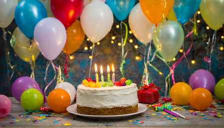 Celebrate in style with a lively birthday party scene featuring a colorful array of balloons and a birthday cake topped with glowing candles. Perfect for capturing joyful and festive birthdayの素材