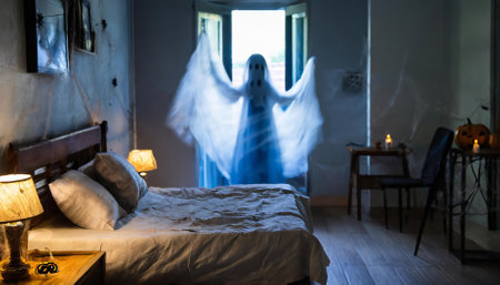 An unsettling blurred ghostly silhouette hauntingly visible through a dimly lit bedroom window on a dark Halloween night. Capturing eerie mystery, this image is perfect for horror-themed designsの素材
