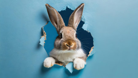 This delightful image showcases an adorable fluffy-eared bunny peeking through a hole in a vibrant blue wall, evoking a whimsical Easter or springtime theme. Perfect for festive banners, kidsの素材