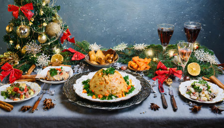 This image captures a festive Christmas table setting adorned with elegant decorations and holiday-themed accents, showcasing a hearty meal prepared to celebrate the warmth, joy, and traditionの素材