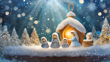 Beautiful Christmas nativity scene featuring baby Jesus Christ in the manger, lovingly watched by Mary and Joseph. This depiction of the Holy Family captures the essence of faith and the miracleの素材