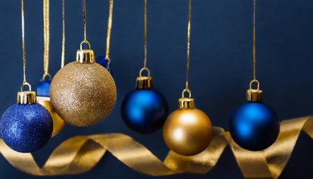 Luxurious minimalistic Christmas and New Year background showcasing golden and blue glass balls delicately hanging on ribbons. Perfect for festive greetings, seasonal designs, and eleganceの素材