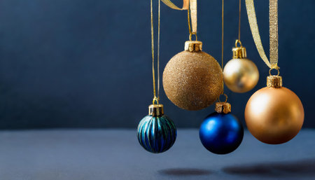 Celebrate the festive season with a minimalistic Christmas and New Year background showcasing golden and blue glass balls hanging gracefully on ribbons, ideal for modern holiday designs andの素材
