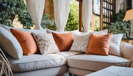 Outdoor patio with sofa and pillows, interior design concept.の素材