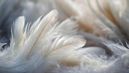 A closeup of delicate white feathers that evokes tranquility and spirituality, perfect for representing themes of peace, faith, purity, divinity, and meditation in religious and spiritualの素材