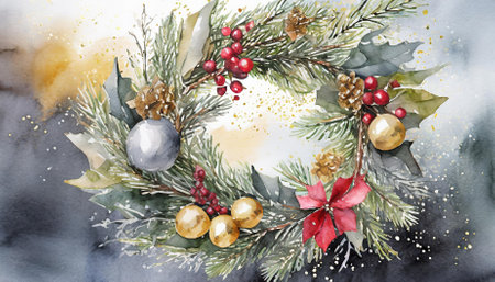 This beautiful watercolor Christmas wreath features metallic accents, creating a perfect blend of elegance and holiday charm. Ideal for banners, seasonal decor, invitations, and festive creativeの素材