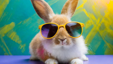 A cool bunny wearing trendy sunglasses stands out on a lively, colorful background, exuding playful and modern charm. Ideal for social media graphics, children's room decor, and uniqueの素材