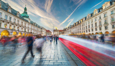 This image captures the essence of urban hustle and bustle in a crowded public space, featuring blurred motion effects of pedestrians and traffic. It vividly portrays the vibrant, fast-pacedの素材