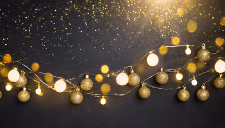 This image features a stunning dark background enhanced with sparkling gold holiday garlands and magical dust, creating an abstract glitter ambiance that exudes festive charm and timelessの素材