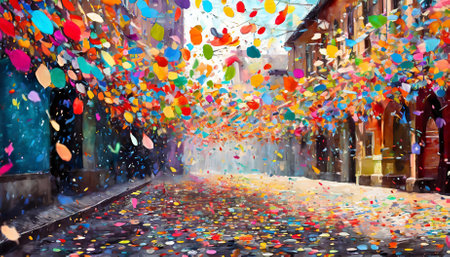 An expressive art illustration showcasing colorful confetti scattered across a lively street, evoking a cheerful, celebratory atmosphere with intricate details and vivid hues. Perfect forの素材