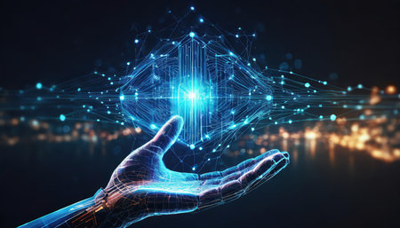 A futuristic digital hand hologram on a dark background symbolizes neural network connections, cutting-edge communication technologies, and artificial intelligence innovation, offering space forの素材