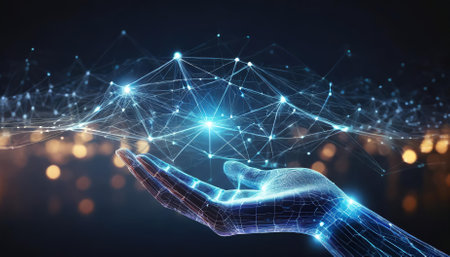 A stunning digital hand hologram set against a dark background, featuring intricate neural network connections. Ideal for topics of AI, communication, machine learning, and futuristic technologyの素材