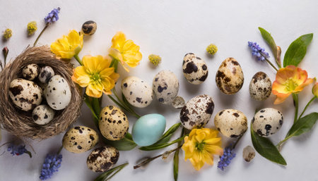 A captivating composition of Easter quail eggs and vibrant springtime flowers set against a white background. This image symbolizes spring holidays with its fresh, bright tones and festive,の素材