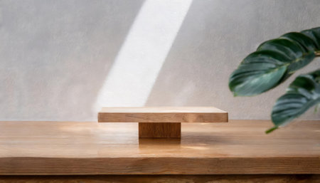 An empty, minimal wooden table podium set in soft, natural sunlight with gentle shadows. The wooden surface, with its organic textures and clean atmosphere, creates a serene and invitingの素材