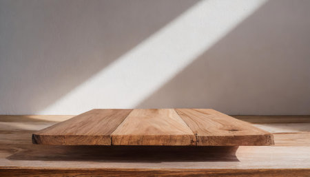 A stunning minimalist wooden table counter podium showcasing natural tones, sunlight shadows, and a touch of greenery. Perfect for presentations, product displays, or creating an organic, sereneの素材