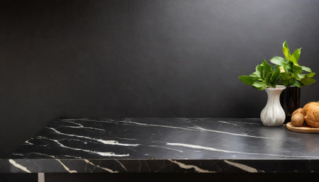 A visually striking black marble countertop table set against a smooth black wall, offering a sophisticated and contemporary aesthetic for versatile design, decor, and product showcases.の素材