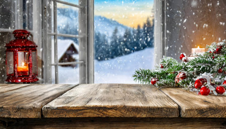 A rustic wooden table set before a frosty window that frames a tranquil winter scene, ideal for holiday-themed visuals, cozy design layouts, product showcases, or seasonal decor inspiration.の素材