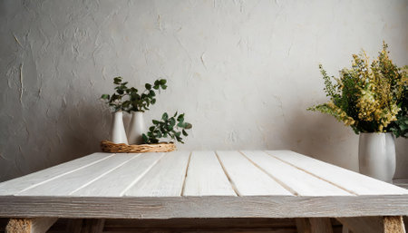 Simple yet elegant empty wooden white table positioned against a smooth white wall background. Perfect for displaying products, creating mockups, or enhancing visuals with a clean, professionalの素材