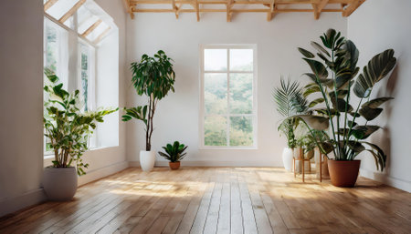 A beautifully designed empty white room with a sleek wooden floor, bathed in natural light, and adorned with vibrant green plants. The space evokes tranquility, blending simplicity with modernの素材