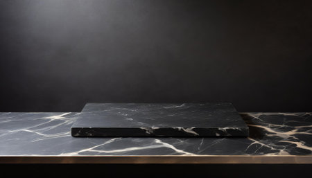 This high-quality photo features a black marble countertop paired with a deep black wall, exuding elegance and modernity. The minimalist composition highlights textures and tones, ideal forの素材