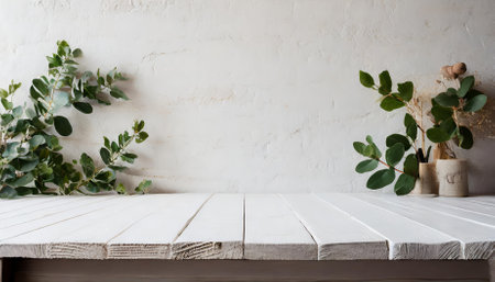 A high-resolution image of a white wooden table against a plain white wall, ideal for product displays, montages, or creative design backdrops. Perfect for e-commerce, branding, and marketingの素材