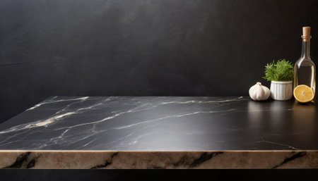 A stunning, high-quality image featuring an empty black marble countertop set against a sleek black wall background. The minimalist design offers a perfect canvas for product displays orの素材