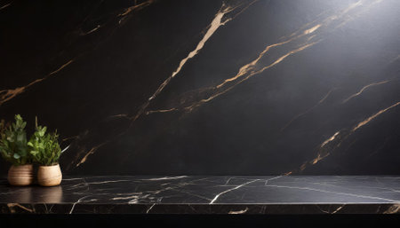 High-quality image featuring a striking marble countertop with a polished black surface and an all-black wall background, ideal for modern interior design themes or sleek, sophisticated productの素材