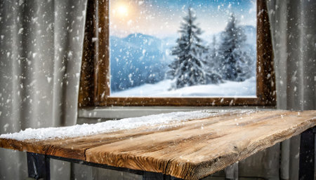A serene image featuring an empty wooden table in front of a frosted window with a wintery backdrop. Perfect for seasonal marketing, holiday visuals, or themes of quiet reflection and cozyの素材