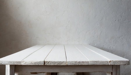 An empty white wooden table placed against a pristine white wall, designed for product displays, digital mockups, and branding presentations. Crisp, high-quality image ensures a modern andの素材