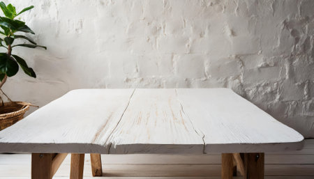 High-quality image featuring a simple wooden white table set against a clean white wall, ideal for product displays, ecommerce mockups, or minimalist photography backgrounds with versatile uses.の素材