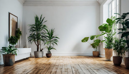 Bright and minimalist empty white room featuring smooth wooden floors, natural sunlight, and lush green plants. A perfect indoor setting that balances simplicity, tranquility, and elegance inの素材