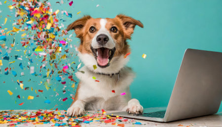 A cheerful dog is seen celebrating an exciting moment with a laptop, surrounded by a cascade of colorful confetti poppers against a vibrant pastel turquoise backdrop, exuding positivity andの素材