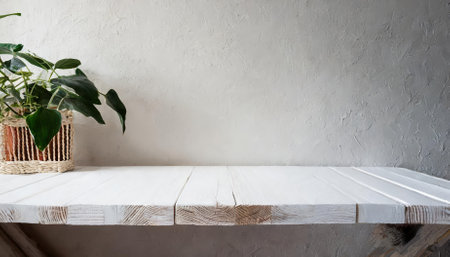 A clean and modern stock image featuring an empty wooden white table set against a plain white wall background, ideal for showcasing products, creating display montages, or enhancing creativeの素材