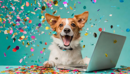 A cheerful, energetic dog surrounded by colorful confetti poppers sits next to a laptop on a vibrant pastel turquoise backdrop, radiating excitement and celebration in a playful and dynamicの素材