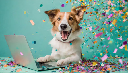 A cheerful, excited dog enthusiastically poses with a laptop as vivid, colorful confetti bursts fall around it on a playful pastel turquoise background, evoking fun, happiness, and digitalの素材