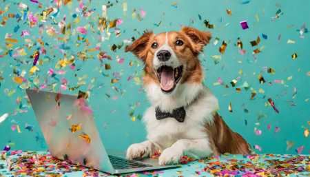 A delighted dog sits beside a laptop as colorful confetti bursts in celebration against a pastel turquoise background, radiating positivity, festive cheer, and vibrant energy, perfect forの素材