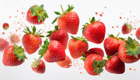 Dynamic image of fresh strawberries falling gracefully in mid-air, isolated on a transparent or white background. Perfect for enhancing food-related visuals, packaging designs, and marketingの素材