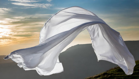 Luxurious flying white silk fabric displayed in motion, forming delicate folds with a smooth, flowing texture. This high-resolution transparent cutout is perfect for fashion, branding, orの素材