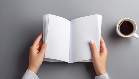 High-resolution mockup image featuring female hands holding an open blank magazine against a gray background, ideal for showcasing designs, brand concepts, editorial layouts, or print mediaの素材