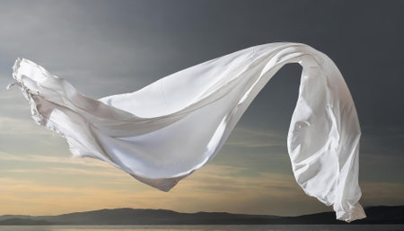 High-quality cutout image of flying white silk fabric with a smooth, flowing texture on a transparent background. Ideal for professional designs, advertising, digital art, D visualizations, andの素材