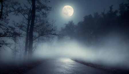 A surreal scene unfolds as dense fog blankets a spooky forest, moonlight casting an eerie glow on an asphalt pathway. Abstract bokeh effects create a captivating, dreamlike ambiance, evokingの素材