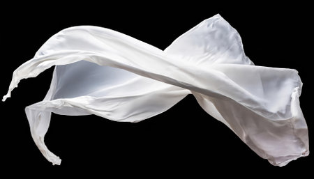 Elegant white silk fabric captured in mid-air, displaying a smooth, flowing texture with exquisite light and shadow details. Perfect for overlays, artistic edits, or professional visual projectsの素材
