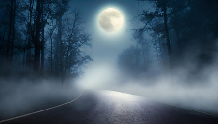 A surreal depiction of a foggy, spooky forest illuminated by moonlight, with eerie bokeh effects casting an otherworldly glow on an asphalt path. Ideal for atmospheric, mystical, orの素材