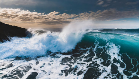 This stunning photograph captures the timeless elegance of foamy waves gently rolling up onto a tranquil ocean shore, highlighting the captivating harmony of natures beauty and the peacefulの素材