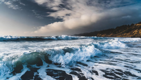 This captivating image showcases foamy waves surging forward, blending dynamic motion with a serene coastal setting. The interplay of light and water creates an evocative, timeless seascape.の素材