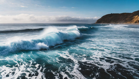 This breathtaking image of foamy waves rolling gently up onto an ocean shore showcases pristine blue waters, soft white foam, and a tranquil ambiance. It perfectly captures the essence of aの素材