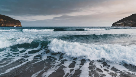 A mesmerizing scene of foamy ocean waves gently rolling to shore, their dynamic motion and sunlit sparkle illustrating the calming yet invigorating essence of the vast and endless sea.の素材