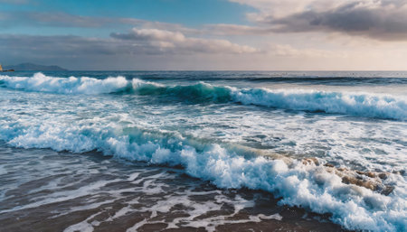 A captivating scene of foamy waves gently rolling up the ocean shoreline, showing the rhythmic flow and texture of nature. This image evokes serenity and admiration for the oceans untamedの素材
